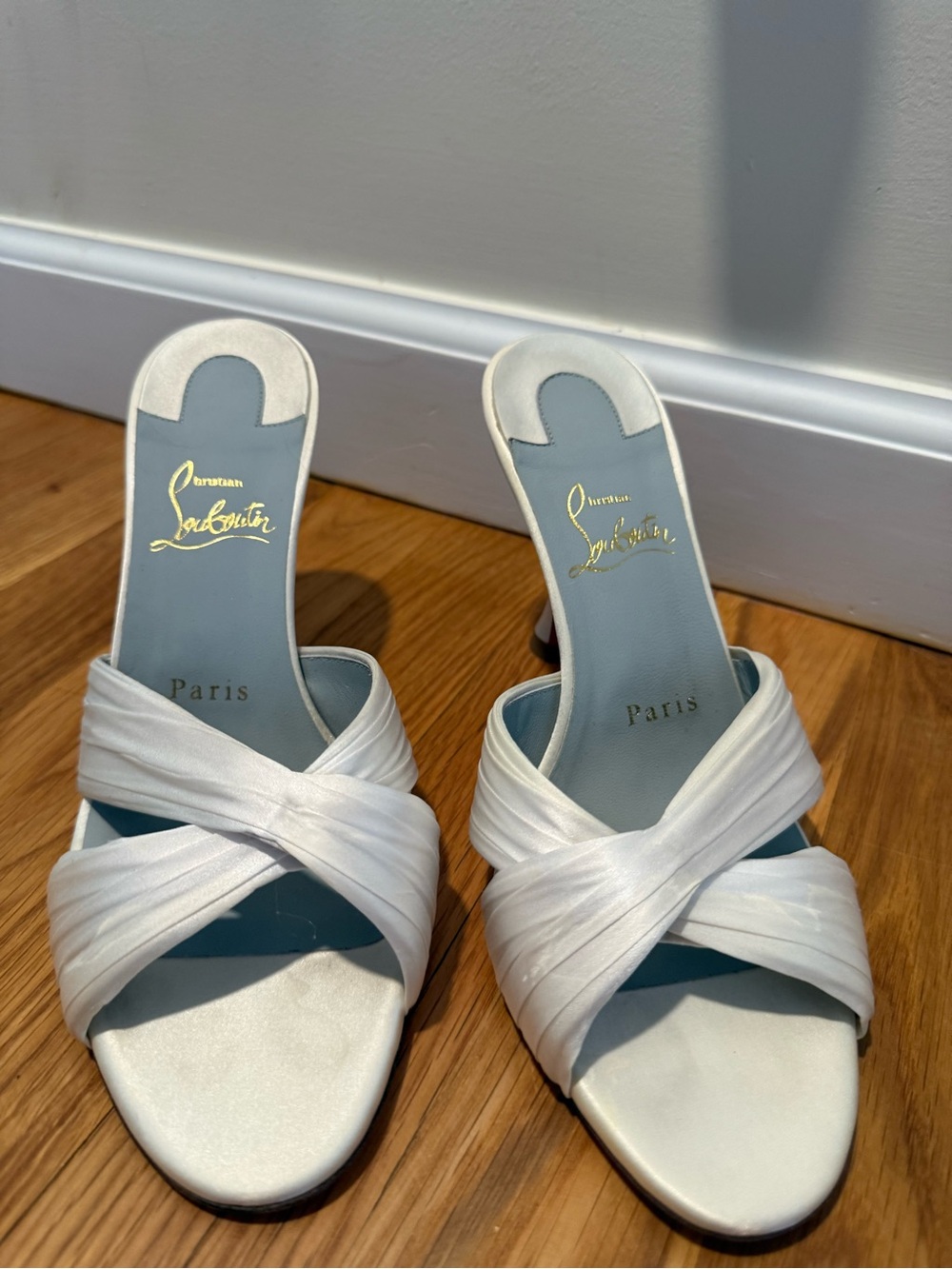 Christian Louboutin White Satin Crisscross Slide Heels